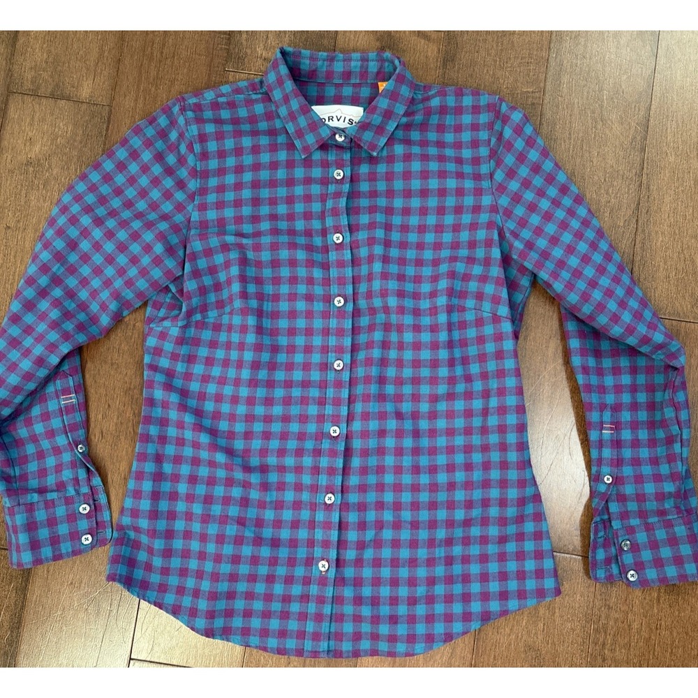 Orvis Womens Small Flannel Button Down Shirt Blue Purple Plaid Long Sleeve